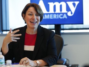 Democratic presidential candidate Amy Klobuchar speaks during a roundtable discussion on health care, Tuesday, April 16, 2019, in Miami. Klobuchar met with local medical professionals and advocates to talk about the cost of prescription drugs access to healthcare.