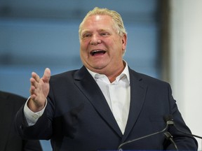 Ontario Premier Doug Ford addresses media at  the Thorncrest Ford dealership, near The Queensway and Highway 427, in Toronto, Ont. on Monday April 1, 2019.