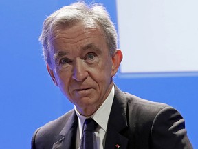 The CEO of LVMH, Bernard Arnault, arrives to present the group's 2018 results during a conference in Paris.