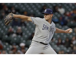 San Diego Padres pitcher Eric Lauer throws against the San Francisco Giants during the first inning of a baseball game in San Francisco, Monday, April 8, 2019.