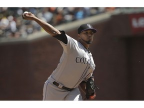 Colorado Rockies pitcher German Marquez throws against the San Francisco Giants during the third inning of a baseball game in San Francisco, Sunday, April 14, 2019.