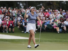 Jennifer Kupcho celebrates after sinking a putt on the 18th hole to win the Augusta National Women's Amateur golf tournament in Augusta, Ga., Saturday, April 6, 2019.