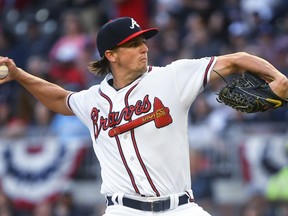 Atlanta Braves' Kyle Wright pitches during the first inning of the team's baseball game against the Miami Marlins, Saturday, April 6, 2019, in Atlanta.