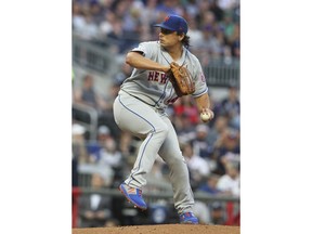 New York Mets' Jason Vargas pitches against the Atlanta Braves during the first inning of a baseball game Saturday, April 13, 2019, in Atlanta.