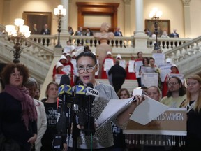 Actress Alyssa Milano speaks after delivering a letter to Georgia Gov. Brian Kemp's office detailing her opposition to HB 481 at the State Capitol, Tuesday, April 2, 2019, in Atlanta. HB 481 would ban almost all abortions after a fetal heartbeat can be detected.