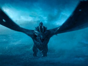 The Night King flies on the ice dragon (whom he brought to life after shooting the dragon down in a battle with Daenerys) during Season 7 finale.