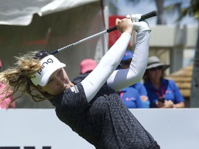 Brooke Henderson tees off on first hole during the third round of the LPGA Tour's Lotte Championship golf tournament Friday, April 19, 2019, in Kapolei, Hawaii.