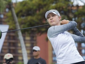 In this photo taken Wednesday, April 17, 2019, Nelly Korda follows her drive from the first tee of Ko Olina Golf Club during the first round of the Lotte Championship golf tournament in Kapolei, Hawaii.