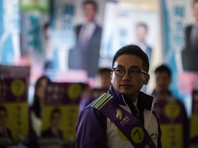 Alvin Yeung of the pro-democracy Civic Party campaigns for the New Territories East by-election in Hong Kong on February 28, 2016.