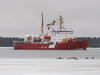 A Canadian Coast Guard icebreaker, CCGS Pierre Radisson, on the St. Lawrence River in March 2019.