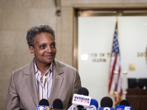 Chicago Mayor-elect Lori Lightfoot speaks to reporters after meeting with Mayor Rahm Emanuel at City Hall, Wednesday, April 3, 2019, the day after she defeated Toni Preckwinkle in a runoff election.