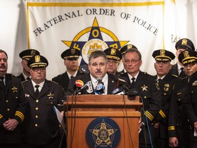 FILE - In this April 4, 2019, file photo, Chicago police union president Kevin Graham speaks during a press conference in Chicago, to announce a "no confidence" vote in the leadership of Cook County State's Attorney Kim Foxx. Graham called on Foxx to step down, saying the handling of the Smollett case just another example of her office letting off too lightly.