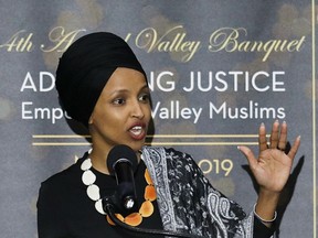 On March 23, 2019, Rep. Ilhan Omar, D-Minn., speaks at a dinner banquet, part of a fundraising event for the Council of American-Islamic Relations of Greater Los Angeles at the Hilton hotel in Woodland Hills, Calif.