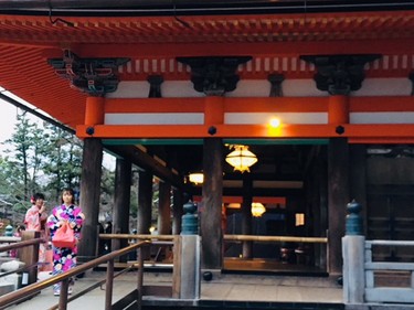 A couple of tourists dressed as Geisha visit the Kiyomizudera Temple.