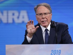 Nation Rifle Association Executive Vice President Wayne LaPierre speaks at the National Rifle Association Institute for Legislative Action Leadership Forum in Lucas Oil Stadium in Indianapolis, Friday, April 26, 2019.