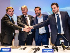 Left to right, Olli Kotro, a candidate for the Finns, Joerg Meuthen, co-leader of Alternative for Germany (AfD), Matteo Salvini, Italy's deputy prime minister, and Anders Vistisen, candidate for the Danish People's Party, pose for a photograph during the launch of an alliance of nationalist parties to take on the European Parliament elections, in Milan, Italy, on Monday, April 8, 2019.