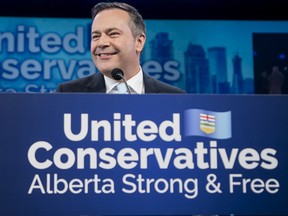 Jason Kenney, leader of the United Conservative Party, delivers his victory speech after his election win at a party event in Calgary on Tuesday. Alberta returned to its conservative roots, electing Kenney after he vowed to fight harder for the province’s beleaguered energy industry.