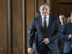 Quebec Premier Francois Legault leaves his office and walks to question period, Wednesday, April 3, 2019 at the legislature in Quebec City.