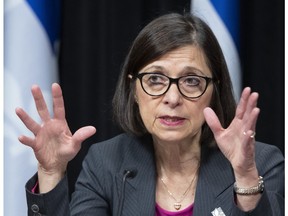 Quebec Health and Social Services Minister Danielle McCann responds to reporters questions after she tabled a report on end of life care, Wednesday, April 3, 2019 at the legislature in Quebec City.