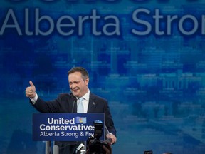 Jason Kenney, leader of the United Conservative Party, gestures to the crowd as he delivers his victory speech at a party event in Calgary, Alberta, Canada, on Tuesday, April 16, 2019. Alberta returned to its conservative roots, electing Kenney after he vowed to fight harder for the Canadian province’s beleaguered energy industry.