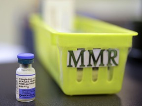 FILE - This Feb. 6, 2015, file photo shows a Measles, Mumps and Rubella, M-M-R vaccine on a countertop at a pediatrics clinic in Greenbrae, Calif. State health officials say the number of measles cases is up in California this year and much of the increase is linked to overseas travel. Dr. Karen Smith, director of the California Department of Public Health, says the state recorded 38 measles cases as of Thursday, April 25, 2019, versus 11 around the same time last year. She says the state typically sees fewer than two dozen cases a year.