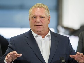 Ontario Premier Doug Ford addresses media at  the Thorncrest Ford dealership, near The Queensway and Highway 427, in Toronto, Ont. on Monday April 1, 2019.