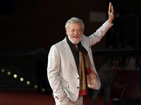 FILE - In this Wednesday, Nov. 1, 2017 file photo, actor Ian McKellen poses on the red carpet at the 12th edition of the Rome Film Fest, in Rome. British stage stars were preparing Sunday, April 7, 2019 for the annual Olivier Awards, where musicals "Come From Away" and "Company" lead the race with nine nominations apiece. Other acting contenders include Ian McKellen for "King Lear," Gillian Anderson for "All About Eve" and Sophie Okonedo for "Antony and Cleopatra."