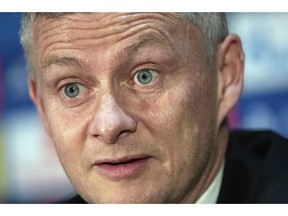 Manchester United manager Ole Gunnar Solskjaer attends a press conference at  Old Trafford, Manchester, England, Tuesday, April 9, 2019. Manchester United will play a Champions League quarter final soccer match against Barcelona on Wednesday.