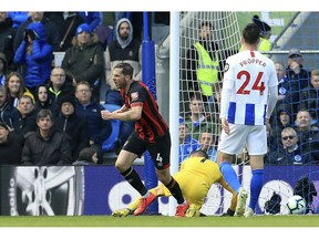 Bournemouth's Dan Gosling celebrates scoring his side's first goal of the game during their English Premier League soccer match against Brighton & Hove Albion at the AMEX Stadium, Brighton, England, Saturday, April 13, 2019.