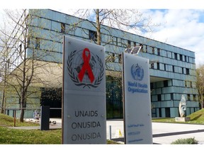 FILE - In this file photo dated Monday, April 8, 2019, shows the headquarters building of UNAIDS in Geneva, Switzerland.  In a statement issued late Tuesday April 16, 2019, the U.S. government says it is "concerned" about allegations of misused funds at the U.N.'s AIDS agency after a report by The Associated Press earlier this week revealed ongoing financial and sexual misconduct problems at the agency.