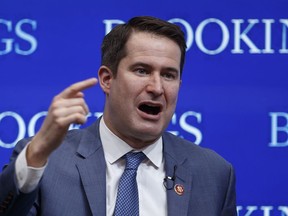 FILE - In this Tuesday, Feb. 12, 2019 file photo, Rep. Seth Moulton, D-Mass., speaks at the Brookings Institution in Washington, about his vision for the future of U.S. foreign policy. U.S. Rep. Seth Moulton is the latest Democrat to jump in the race for the White House. The Massachusetts lawmaker and Iraq War veteran made the announcement on his website Monday April 22, 2019.