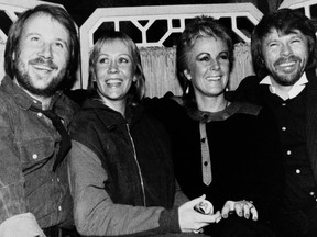 FILE - In this file photo dated Nov. 5, 1982, Swedish pop group ABBA are pictured at the Dorchester Hotel in London, with from left: Benny Andersson, Agnetha Faltskog, Anni-Frid Lyngstad and Bjorn Ulvaeus.  ABBA that had a legendary string of hits after winning the 1974 Eurovision Song Contest, and eventually split up in 1982, are set to release a new song in 2019, according to an interview with Bjorn Ulvaeus published in Denmark's Ekstra Bladet tabloid Wednesday April 3, 2019.