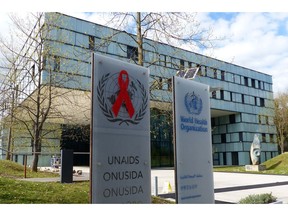 This Monday, April 8, 2019 photo shows the headquarters building of UNAIDS in Geneva. Documents obtained by The Associated Press reveal the U.N.'s AIDS agency is grappling with previously unreported allegations of financial and sexual misconduct involving a staffer who went public in 2018 with claims she was sexually assaulted by a top deputy.