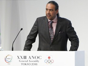 FILE - In this file photo dated Wednesday, Nov. 28, 2018, Sheikh Ahmad al-Fahad al-Sabah, president of the Association of National Olympic Committees (ANOC) delivers a speech during the ANOC general assembly in Tokyo.  In a letter seen by The Associated Press Thursday April 18, 2019, Mariyam Mohamed of Maldives, who lost an election to join FIFA's ruling council earlier this month, has filed a formal complaint alleging "threats and manipulation" by Olympic power broker Sheikh Ahmad al-Fahad al-Sabah.