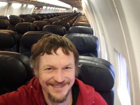 Skirmantas Strimaitis takes a selfie onboard a Boeing 737-800 airplane, taking off from Vilnius, Lithuania, March 16, 2019, as the only passenger aboard. The aircraft with two pilots and five crew members and which usually can sit up to 188 people, flew to Bergamo, Italy.