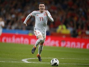 FILE - In this file photo dated Tuesday March 27, 2018, Spain's Iago Aspas runs with the ball during the international friendly soccer match against Argentina at the Wanda Metropolitano stadium in Madrid, Spain.  Aspas scored two second-half goals Saturday March 30, 2019, to help overturn a 2-0 deficit and beat Villarreal 3-2