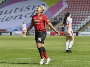 Manchester United's Lauren James celebrates scoring her side's seventh goal of the game during the FA Women's Championship soccer match between Manchester United and Crystal Palace at Leigh Sports Village, England. Saturday April 20, 2019.