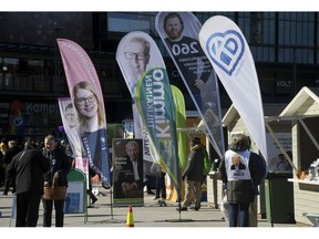 Different parties campaigning for parliamentary elections on the Narinkkatori Square in Helsinki, Finland, on Friday, April 12, 2019. The election day of the Finnish parliamentary elections is on Sunday, April 14, 2019.