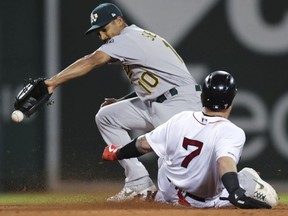 Oakland Athletics shortstop Marcus Semien (10) tries unsuccessfully to make the force on Boston Red Sox's Christian Vazquez (7) during the third inning of a baseball game at Fenway Park, Monday, April 29, 2019, in Boston. Oakland Athletics second baseman Jurickson Profar was charged with a throwing error on the play.