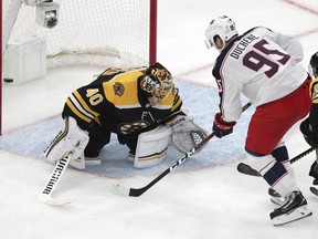 Columbus Blue Jackets center Matt Duchene (95) shoots the game-wining goal past Boston Bruins goaltender Tuukka Rask (40) during double overtime of Game 2 of an NHL hockey second-round playoff series, early Sunday, April 28, 2019, in Boston. The Blue Jackets won 3-2.