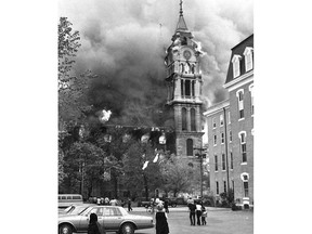 In this May 11,1982 photo, the Notre Dame de Lourdes Church burns in Fall River, Mass. The cathedral was completed in 1891 and was in the midst of a $1 million renovation when the fire occurred. It was determined that a worker's blowtorch had ignited dry roof timbers. (The Herald News via AP)
