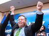 Jason Kenney celebrates after winning the Calgary-Lougheed by-election on Thursday, Dec. 14, 2017.