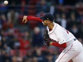 Boston Red Sox's Rick Porcello pitches during the first inning of a baseball game against the Detroit Tigers in Boston, Thursday, April 25, 2019.