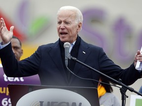 Former vice president Joe Biden speaks at a rally in support of striking Stop & Shop workers in Boston, Thursday, April 18, 2019.