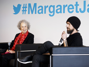 Canadian author Margaret Atwood listens as Twitter CEO Jack Dorsey answers questions during a chat in Toronto, April 2, 2019.