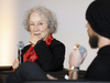 Canadian author Margaret Atwood chats with Twitter CEO Jack Dorsey in Toronto, April 2, 2019.