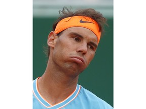 Spain's Rafael Nadal reacts during their semifinal match of the Monte Carlo Tennis Masters tournament against Italy's Fabio Fognini in Monaco, Saturday, April, 20, 2019.