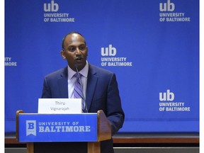 FILE - In this June 7, 2018, file photo, Thiru Vignarajah, a prosecutor candidate, speaks during a debate in the first three-way debate with Baltimore State's Attorney Marilyn Mosby and Ivan Bates at the University of Baltimore, in Baltimore. Vignarajah, a former Maryland deputy attorney general, is running for Baltimore's highest office. His announcement Wednesday, April 10, 2019, comes as first-term Mayor Catherine Pugh is embroiled in a political scandal that threatens her political career.