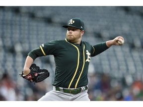 Oakland Athletics pitcher Brett Anderson delivers against the Baltimore Orioles in the first inning of a baseball game, Tuesday, April 9, 2019, in Baltimore.