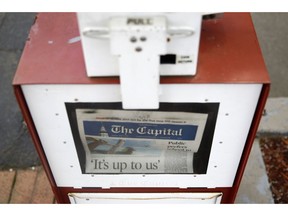 A copy of the day's Capital Gazette newspaper rests in a newsstand, Monday, April 15, 2019, in Annapolis, Md. The Pulitzer Prize board awarded the Capital Gazette a special citation Monday for their response to a 2018 shooting that left five employees dead.